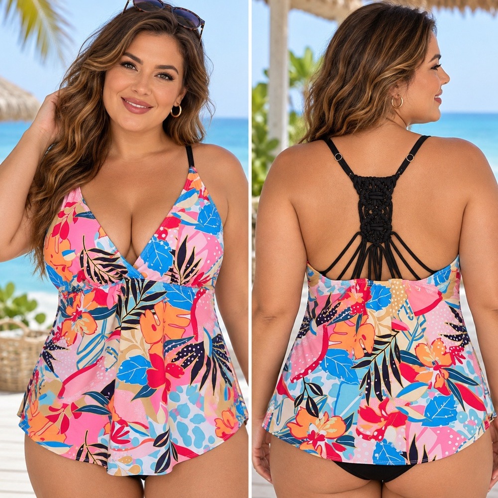 Floral Macrame Back Tankini Top XL Tropical Pink Blue Swimwear